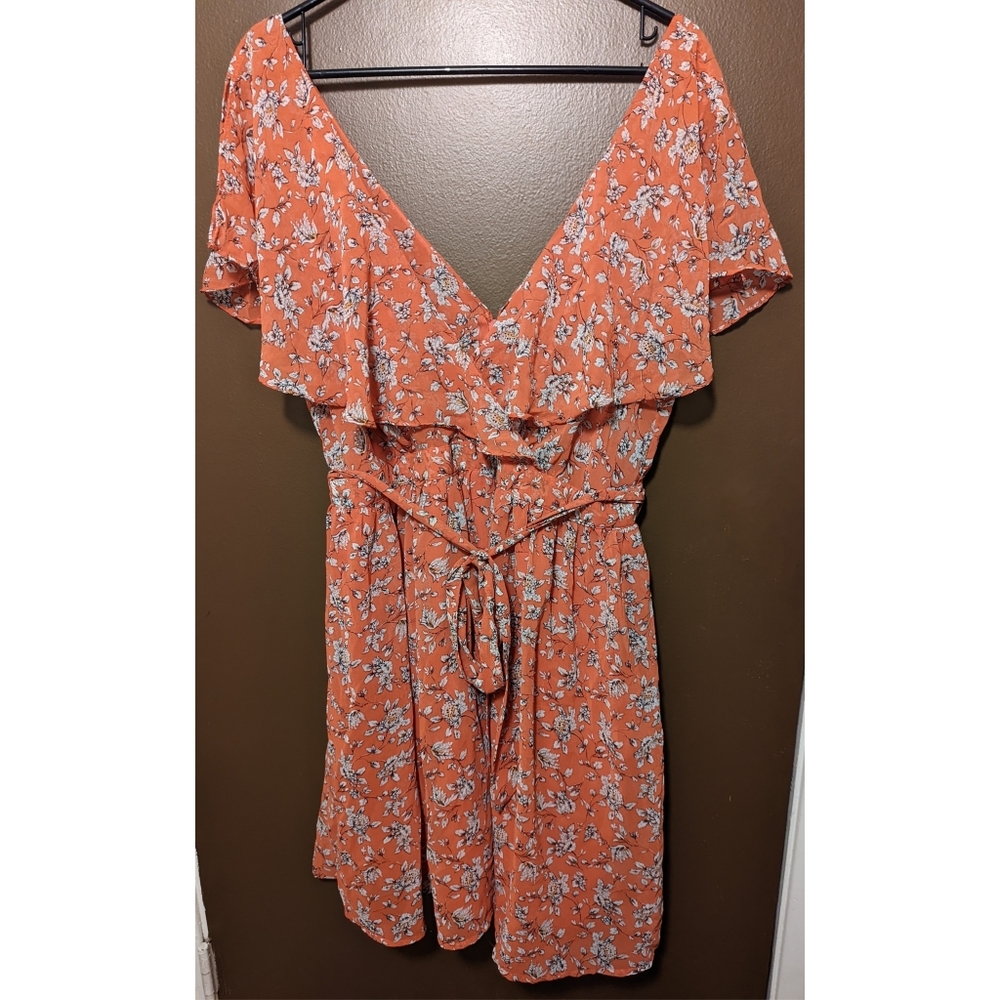 Ditsy Orange Floral Ruffle Surplice Dress